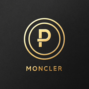 Modern logo design for Moncler brand. Simple golden 'P' centered on sleek black background. High contrast, minimalistic style.