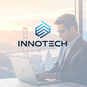 Modern logo design for a tech startup in Silicon Valley. The logo features a sleek geometric shape with the name 'InnoTech' in bold sans-serif font. The background is a soft gradient of blues and greys, creating a professional and minimalist aesthetic.
