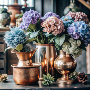 vintage copper vases and  purple coralls and hydrangea with plants color plate  old   vintage background  botanical illustration 