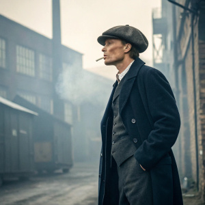 Cillian Murphy, as Thomas Shelby from Peaky Blinders, standing alone in foggy industrial London. Smoking a cigarette, intense stare, dark coat and fedora hat.