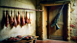 A shotgun hangs on a wall in the butcher's house