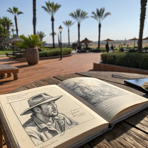 A charcoal sketch of the book 'Raiders of the Lost Ark: The Adaptation Storyboards' by Eric Zale, displayed on a rustic wooden table outdoors. Sunny sky with palm trees.
