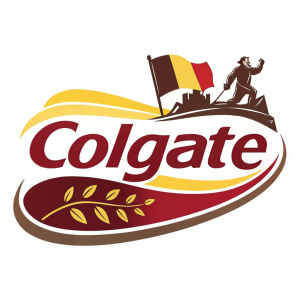 Logo design featuring Colgate in bold Spanish text. Vivid yellow, red, and brown colors. Simple, clear layout. Ideal for branding and marketing.