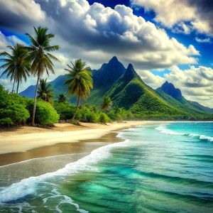 wonderful sea with little waves sand blue heaven mountains palms