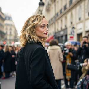 Nora Arnezeder, blonde curly hair, black jacket, standing on a crowded Parisian street. Fashion event