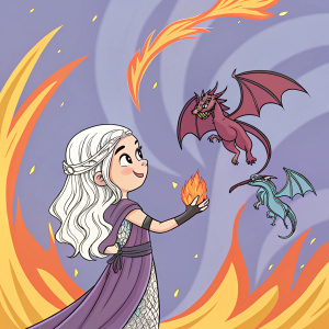 Cartoon version of Daenerys Targaryen from Game of Thrones. Set against a background of swirling flames and vibrant colors
