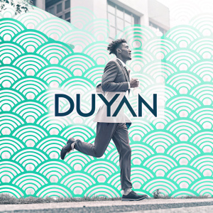 Dynamic branding for DuYan. Teal and white repeating pattern background, sleek font