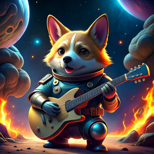 cute corgi  electric guitar astronaut in front of a big explosion in space