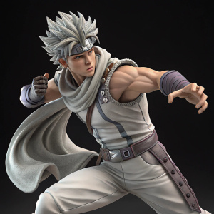 Digital 3D render of a JoJo's Bizarre Adventure character. Caucasian-inspired, dynamic fighting stance. Spiky hair, gray tones, solid black background.