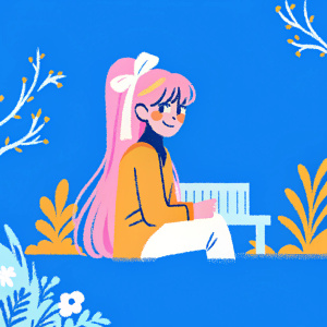 Monika, from Doki Doki Literature Club, with long pink hair and a white ribbon in her ponytail, dressed in a brown sweater. Sitting in a vibrant, detailed digital art scene.
