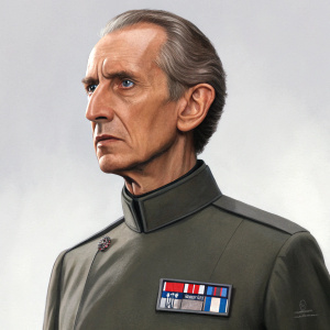 In a vivid portrait, Grand Moff Tarkin stands resolute in his iconic Star Wars uniform. The plain backdrop highlights his stern visage, meticulously rendered with every detail of his severe expression and distinguished hairstyle captured with artistic precision.
