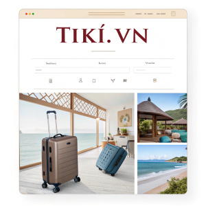 Homepage of Tiki.vn, an e-commerce site. Features Vietnamese text, pricing details, sleek design, shopping cart button