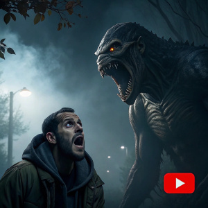 YouTube thumbnail of a movie trailer. A terrifying monster looms over a terrified man. Dark, ominous background.