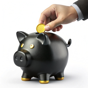 3d render black hand put gold coin into piggy bank On White Background

