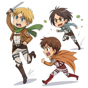 Colorful, dynamic sketches from the anime series 'Attack on Titan'. Various characters in action poses, full of emotion and detail, against a white background.
