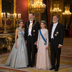 Mariano Rajoy, King Felipe VI, Queen Letizia, Princess Leonor, Princess Sofia, Jesus Posada, and Pio Garcia Escudero at a royal gala. Golden chandeliers and ornate decorations in the background.