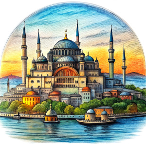 Please make a drawing of the unique skyline of Istanbul. Important buildings and symbols on the shores of the Bosphorus should be included in this drawing.