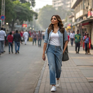 Bipasha Basu, indian actress, in a casual outfit, walking down a bustling street in Mumbai.