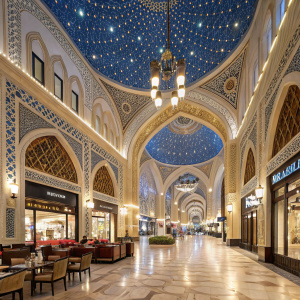 A vibrant collage showcasing the luxurious Souk inside Dubai Mall. Grand architecture with intricate patterns, ornate arches, and a starry ceiling. Spacious interior featuring polished wooden and marble floors, alongside comfortable seating for dining and relaxation. A fusion of traditional and modern design.