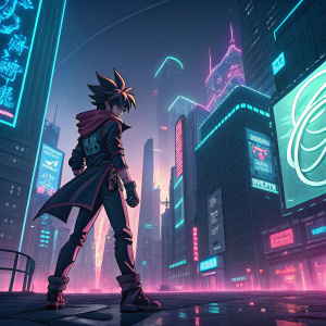 Seto Kiba, from Yu-Gi-Oh!, in a futuristic setting. Cyberpunk cityscape with neon lights. Character is depicted in a battle stance, surrounded by digital holograms and vibrant colors.