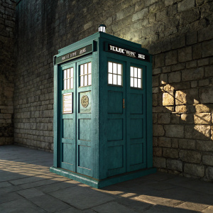 A realistic digital 3D rendering of the TARDIS booth. Teal color with classic police box design. Stone wall background, shadow casting.