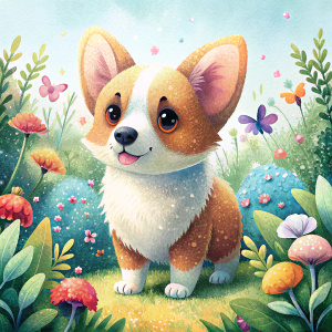 Little cute chibi corgi puppy baby and butterflies among a lot of grass and different flowers, plants, berries, bushes, mushrooms. White background. High degree of detail, detailed drawing, book illustration, cartoon, children's illustration, vector, grain.