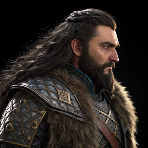 A highly detailed 3D render of Thorin Oakenshield. Set against a plain black backdrop. Depicts intricate armor and facial features with dramatic lighting