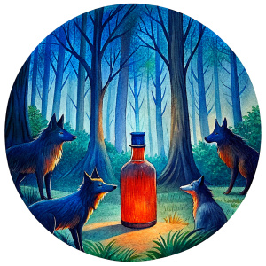 rond stickers of bottle of rhum in a forest with angry wolfs at the night