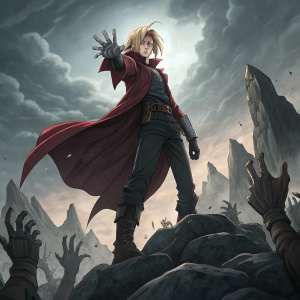 Edward Elric, iconic character from Fullmetal Alchemist, illustrated in a digital art style. Standing atop jagged rocks, dramatic pose. Gloomy sky, eerie, hand-like shadows