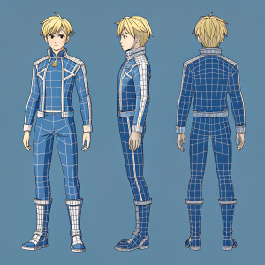 Digital illustration of a male anime character concept. Blueprint style wireframe model showcasing skeletal structure and body shape. Blonde hair, youthful appearance, detailed clothing design