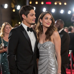 Nicholas Gonzalez and Troian Bellisario from 'Pretty Little Liars'. Nicholas in a black tuxedo, Troian in a silver sequined dress. Flashy event with celebrities.