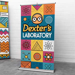 A vibrant Cartoon Network banner featuring Dexter's Laboratory logo with a mix of geometric symbols and patterns.