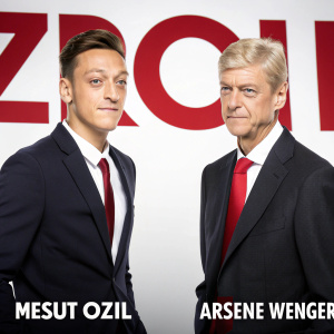 Mesut Ozil and Arsene Wenger in a formal press conference. White background with large red text promoting an upcoming match.