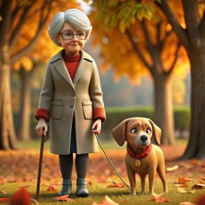 abuela vieja, ciega, triste y solitaria caminando con un perro guia por el parque en un dia de otoño