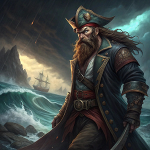Digital art of Gangplank, the rebel champion from League of Legends. Pirate-themed attire and menacing expression. Illustration set against a stormy seascape.