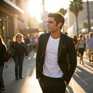 Zac Efron, dressed in a white t-shirt and black blazer, walking on a crowded street during a sunny day.