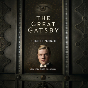 The Great Gatsby book cover. F. Scott Fitzgerald's portrait in sepia tone, alongside intricate eye graphic. Award badges and New York Times bestseller mention. Muted color palette.
