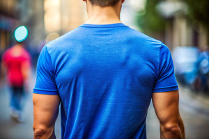 фотография спины мужчины в ярко-синей футболке на фон боке