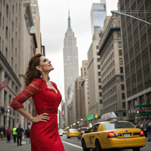 Jimena Gallego, a prominent figure in Hollywood, posing elegantly in a bustling New York street. She is wearing a vibrant red dress with intricate detailing. The city's skyline is visible in the background.