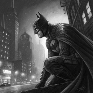 Detailed charcoal drawing of Batman, crouching in shadow, intense expression, cityscape background