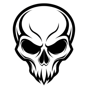 Black and white skull tattoo design on a white background.