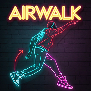 Illustration of Airwalk logo. Dynamic figure in motion, set against neon background. 'AIRWALK' above, bold and graphic style.