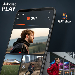 Globosat Play app interface screenshot. Dark theme with modern design. Explore header with SportTV, GNT, GNT Shown logos. Thumbnail images of channel content.