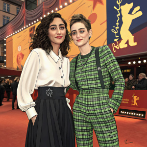 Golshifteh Farahani and Kristen Stewart at the Berlin Film Festival. They wear casual attire. Golshifteh in a white blouse and black skirt, Kristen in a green plaid jumpsuit. Background is bright and colorful with festival banners.