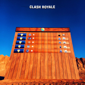 Discord-style interface for Clash Royale esports event. Scoreboard featuring team names and symbols. Red backdrop with game theme.