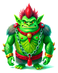 humoristic green troll, illustration, red accessories, monster with chains, vintage cartoon effect, white background