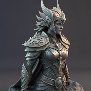 Digital art of the Naga Siren from Dota 2, depicted as a majestic sculpture. Warrior-like pose, ornate helmet and detailed armor. Grey base with dark accents.