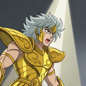 Illustration of a fierce Gold Saint from Saint Seiya. Golden armor and disheveled grey hair. Background is minimalist, spotlight on his intense expression.