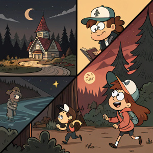 A digital comic strip featuring Gravity Falls. Depicting various scenes with detailed, vibrant artwork. Dark hues and earthy tones complement expressive characters with oversized features and exaggerated expressions.