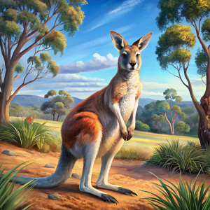 Image: A majestic kangaroo stands against the backdrop of the Australian bush. Its strong hind legs rest firmly on the ground, and its powerful tail helps maintain balance. There are picturesque landscapes all around: tall eucalyptus trees, bushes and bright green grass. Reddish rocks can be seen in the background, creating a contrast with the blue sky. Sunlight softly illuminates the kangaroo, emphasizing its muscles and short fur. In the distance you can see other representatives of the Austra
